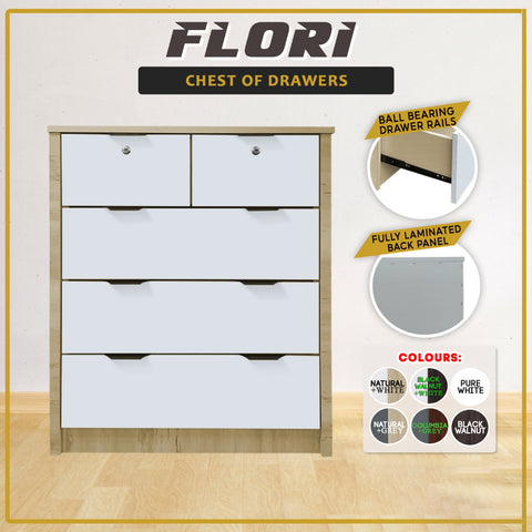 Image of Flori 5-Drawers Premium Chest of Drawers Full Laminated Back Panel in 6 Colours