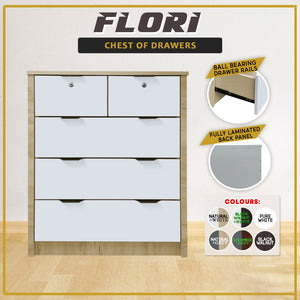 Flori 5-Drawers Premium Chest of Drawers Full Laminated Back Panel in 6 Colours