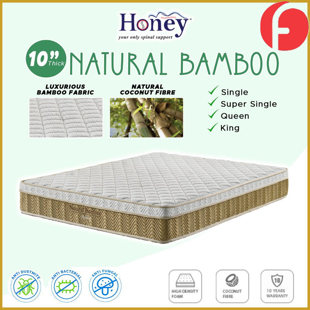 Honey Natural Bamboo 10" Natural Coconut Fibre Bamboo Fabric Mattress - All Sizes