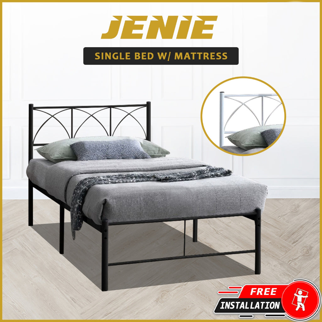 Jenie Single Size Metal Bed Frame in White, Black - W/ Mattress Option