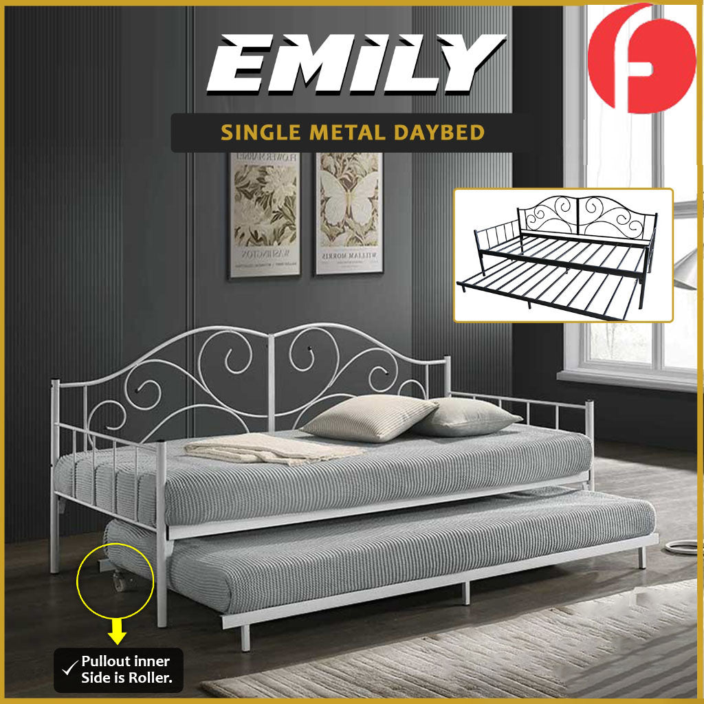 Emily Metal Daybed Bed Frame Single with Pull-Out in Black/White Colour w/ Mattress