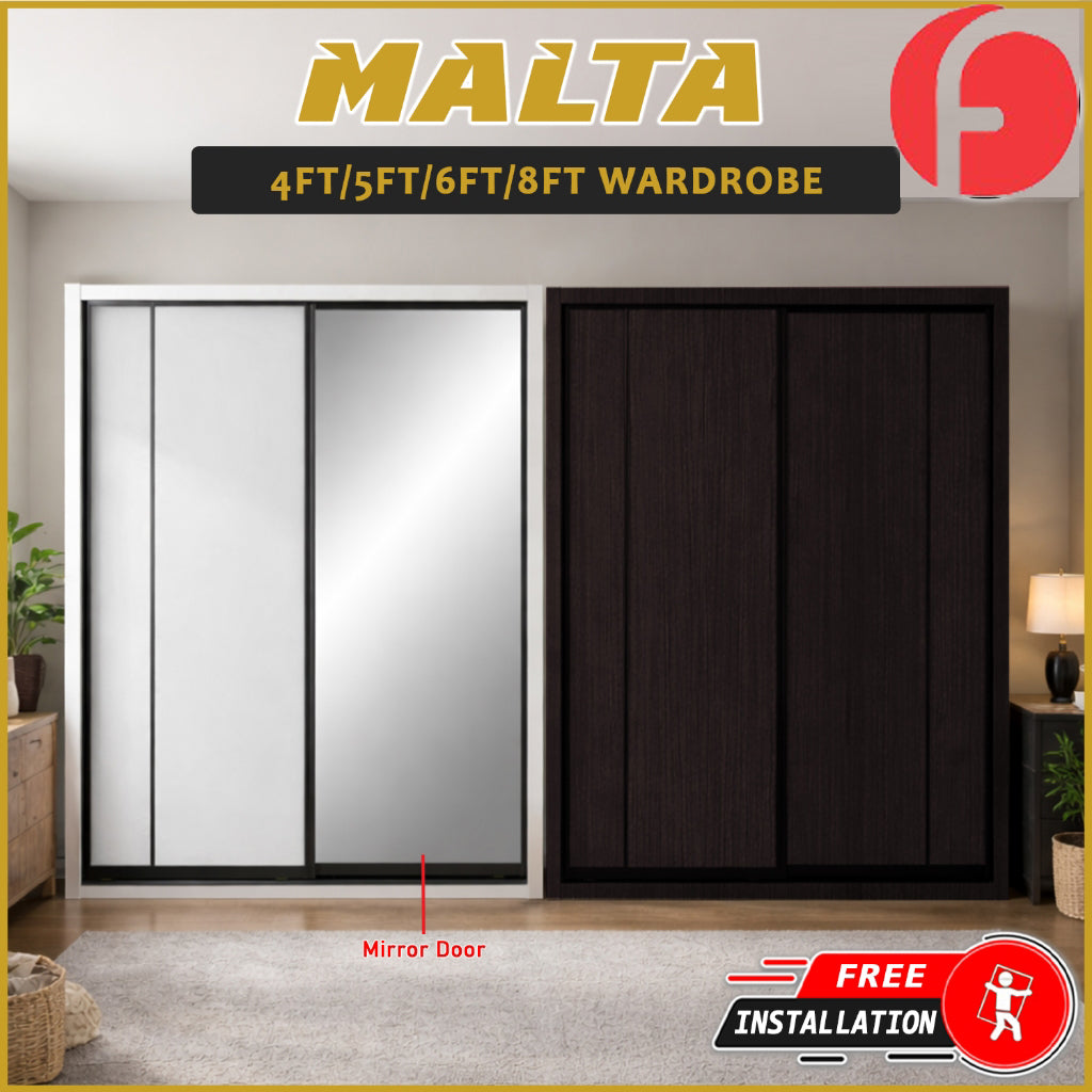 Malta Series 4/5/6/8x8FT 2-Door Sliding Door Wardrobe with Mirror Door in 3 Colours