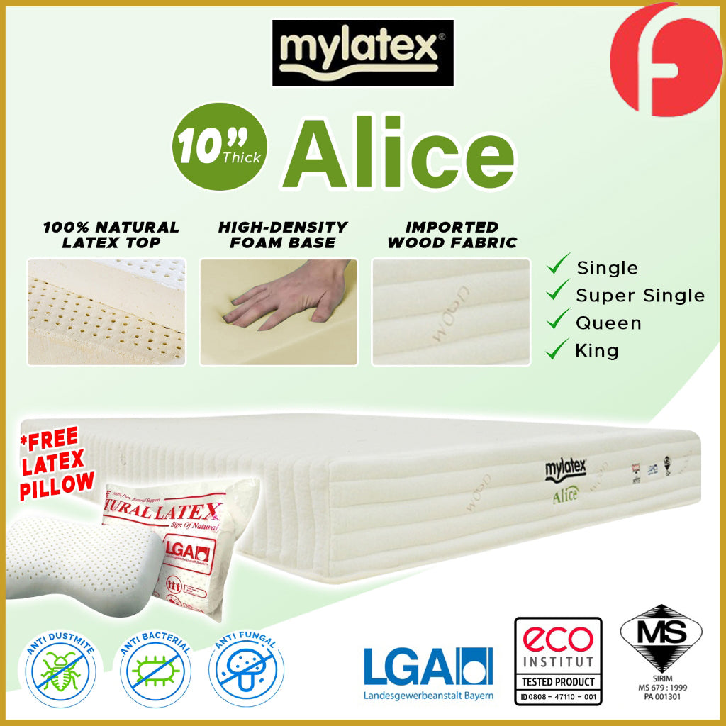 MyLatex ALICE 10" Mattress Natural Latex Top, Foam Base and Wood Fabric Cover - All Size
