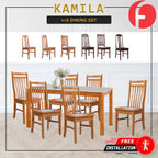 Kamila Dining Set with Table & Chairs 1+6 in Solid Wood Natural Marble Top Cherry/Walnut