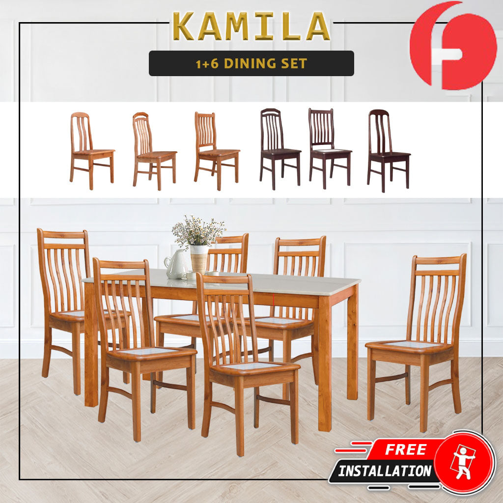 Kamila Dining Set with Table & Chairs 1+6 in Solid Wood Natural Marble Top Cherry/Walnut