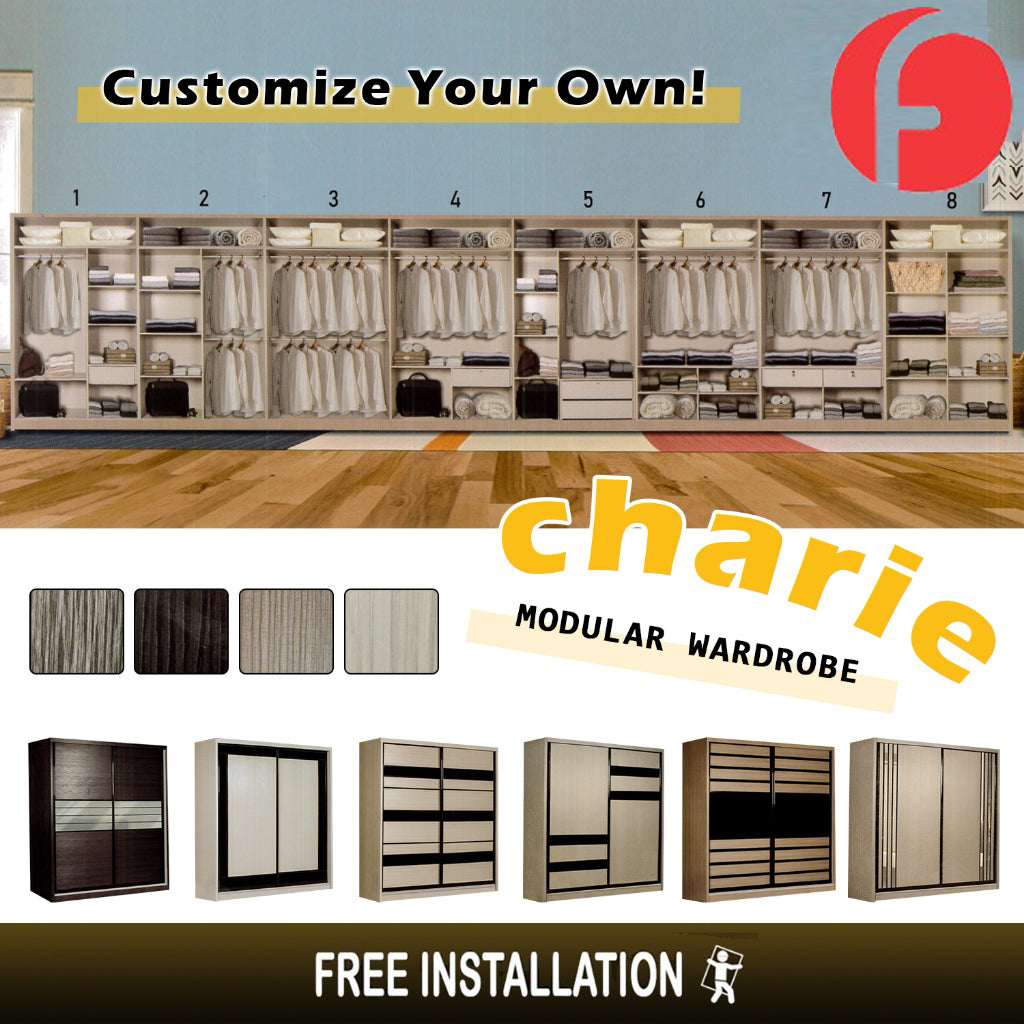 Charie Series 5FT/6FT/8FT Customizable Sliding Door Modular Wardrobe in 6 Designs
