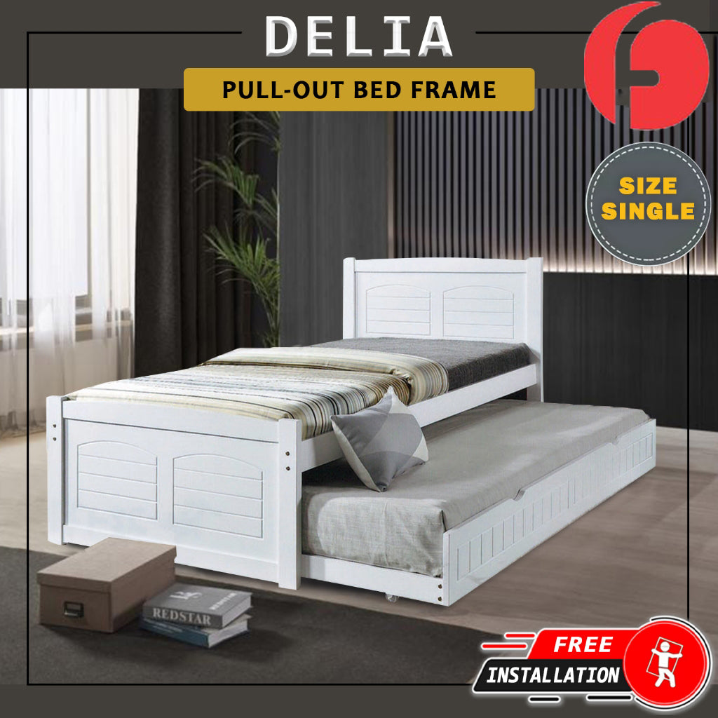 Delia Pull-Out Bed Frame Slatted Wood Base with Pull-out Bed w/ Mattress Option