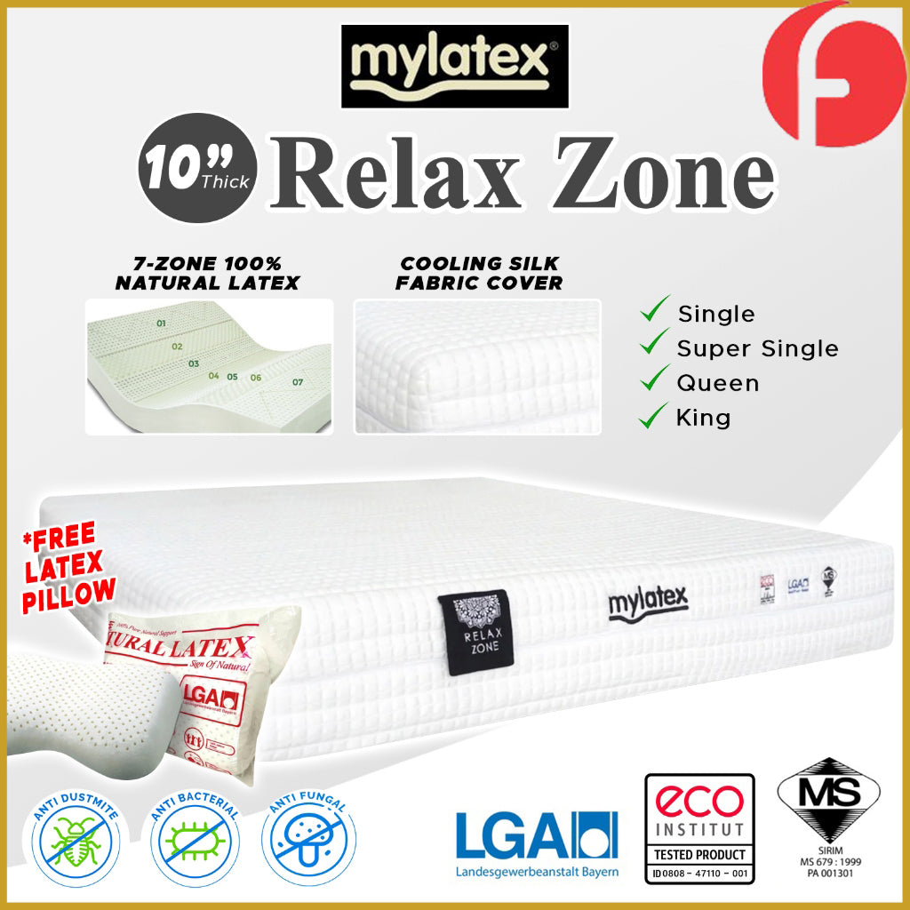 MyLatex RELAX ZONE 10" 7-Zone Natural Latex Mattress Cooling Silk Cover - All Size