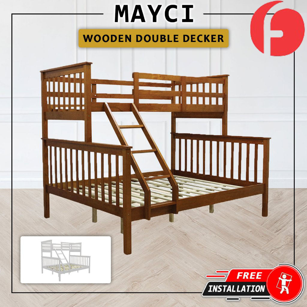 Mayci Queen+Single Solid Wood Slatted Base Double Decker Bed Frame