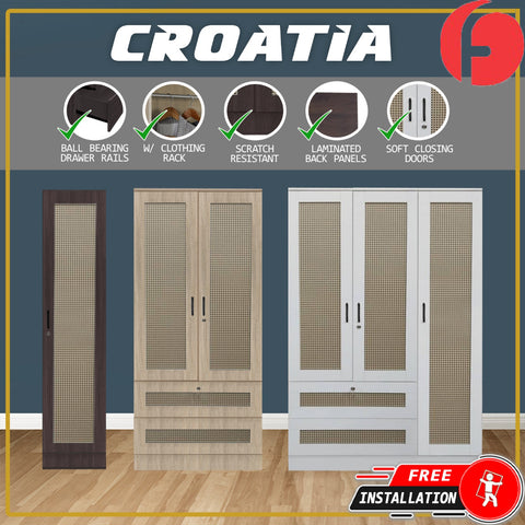 Image of CROATIA Series 1/2/3/4/5 Doors Wardrobe Rattan Design with Drawers and Top Cabinet