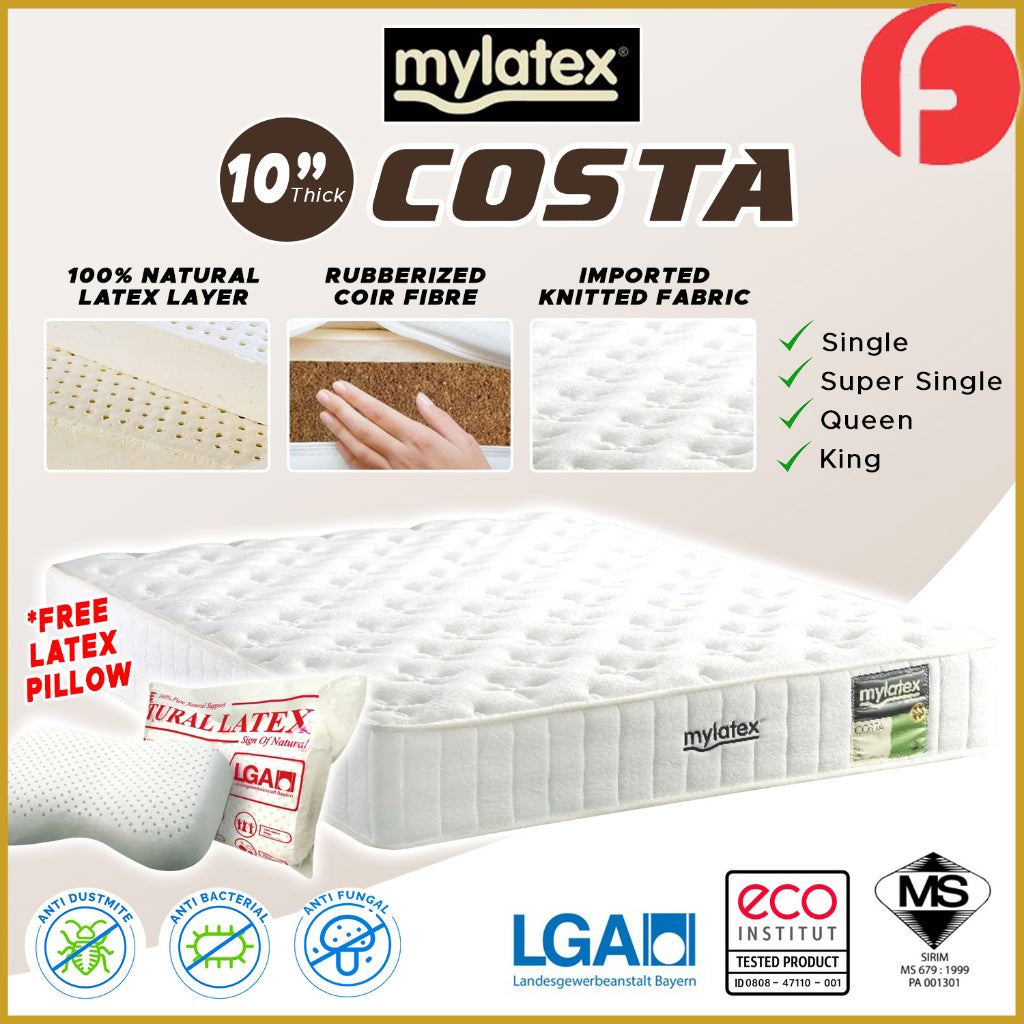 MyLatex COSTA 10" Natural Latex Rubberized Coconut Fibre Mattress - All Sizes Available