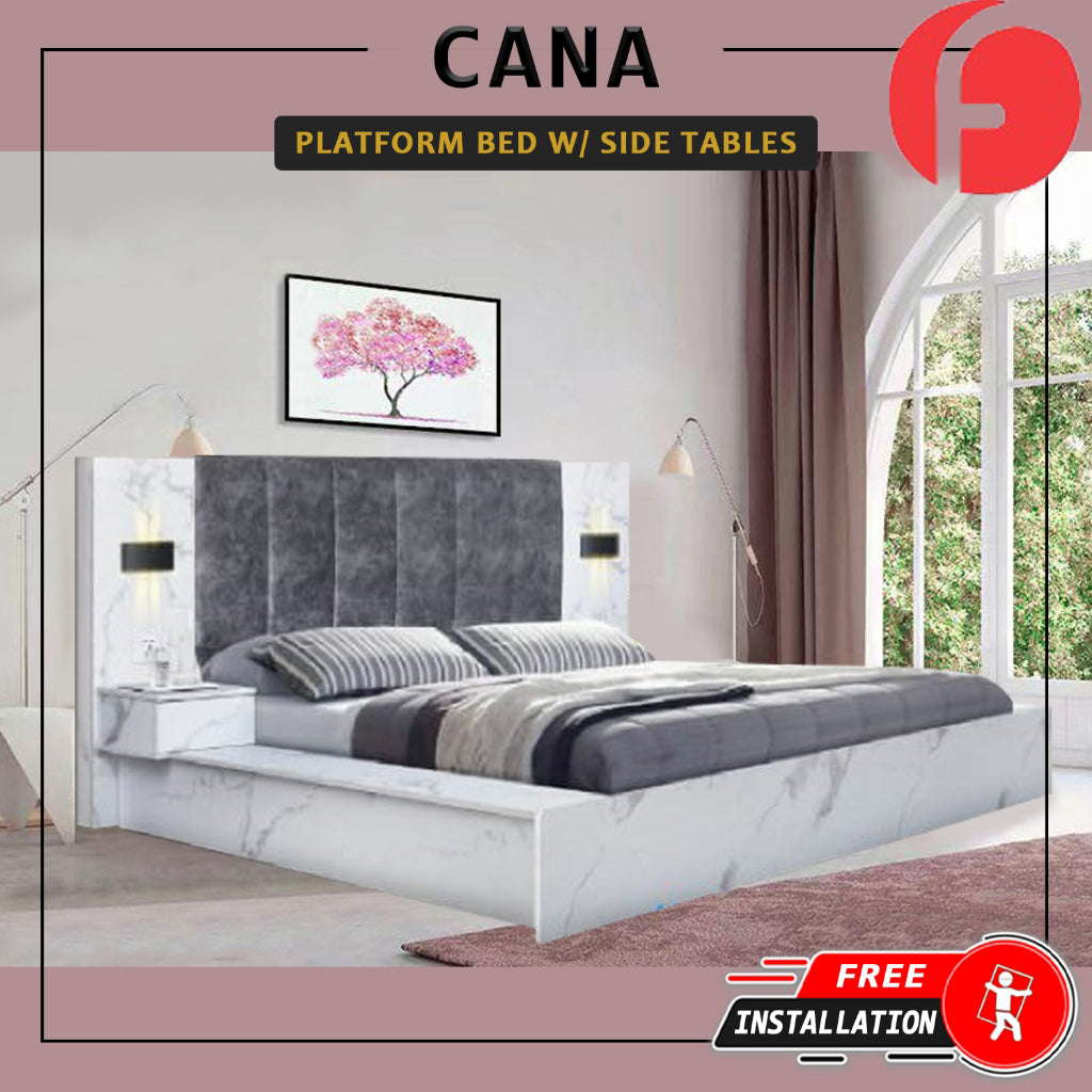 Cana Queen/King Size Platform Bed Frame with Side Table w/ Drawers & Hidden Storage