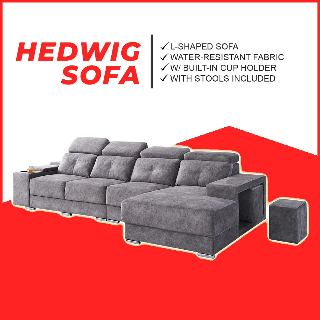 Hedwig L-Shaped Sofa Water Resistant Fabric in Grey Colour