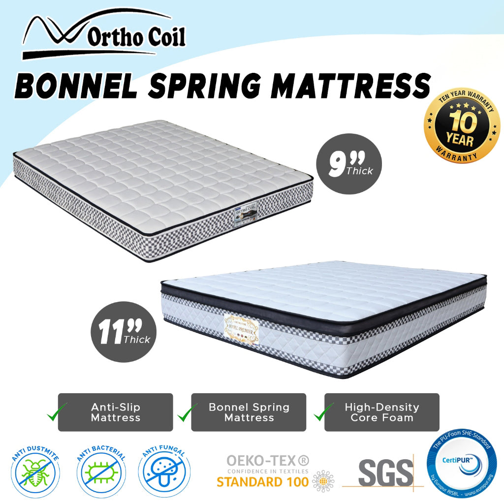 Ortho Coil 9"/11" Bonnel Spring Mattress Euro Supreme & Hotel Premier - All Sizes
