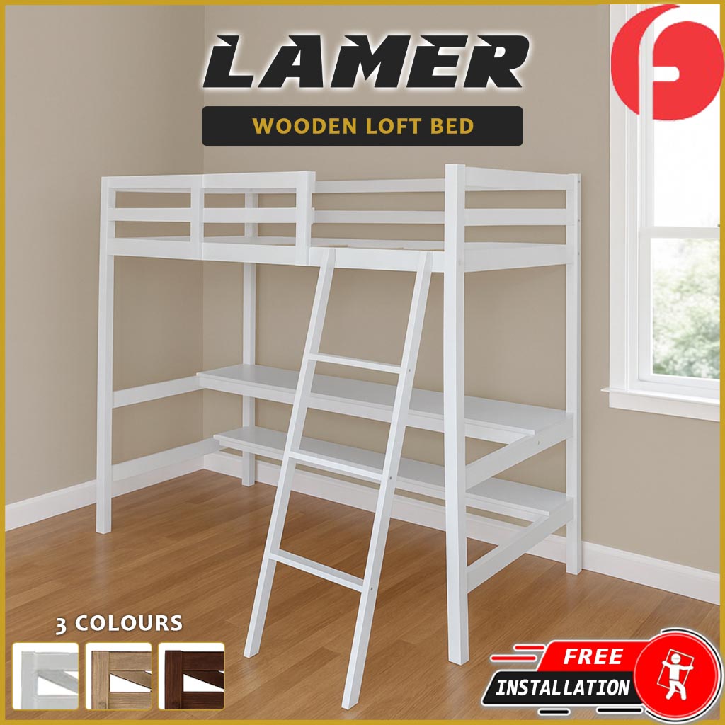 Lamer Single Loft Bed Solid Rubberwood Sturdy Durable in 3 Colours - w/ Mattress