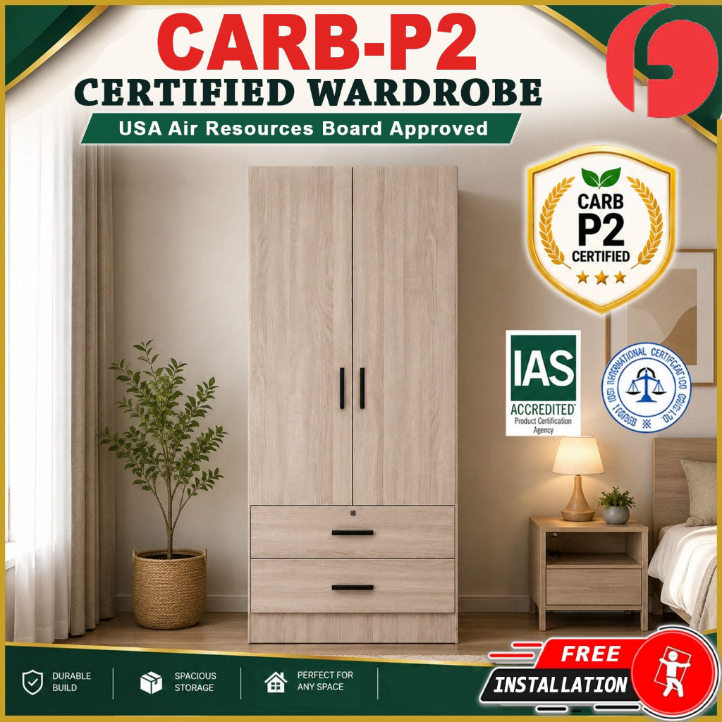 KENNA 2 Open Door CARB-P2 Certified Board Wardrobe With 2 Drawers - Free Installation