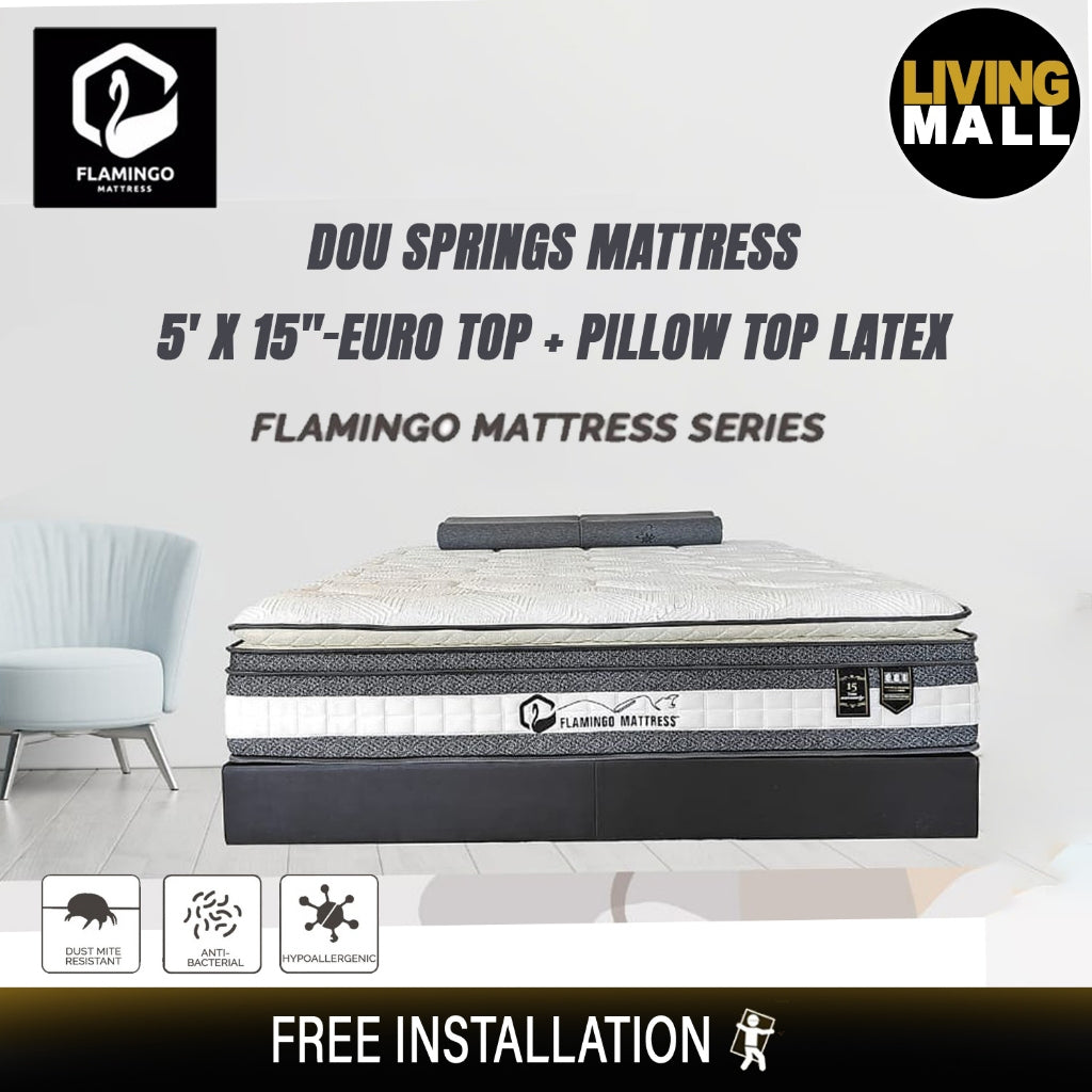 Flamingo Duo Springs Queen Mattress 15" -Euro Top + Pillow Top Latex 100% Ice Silk Fabric