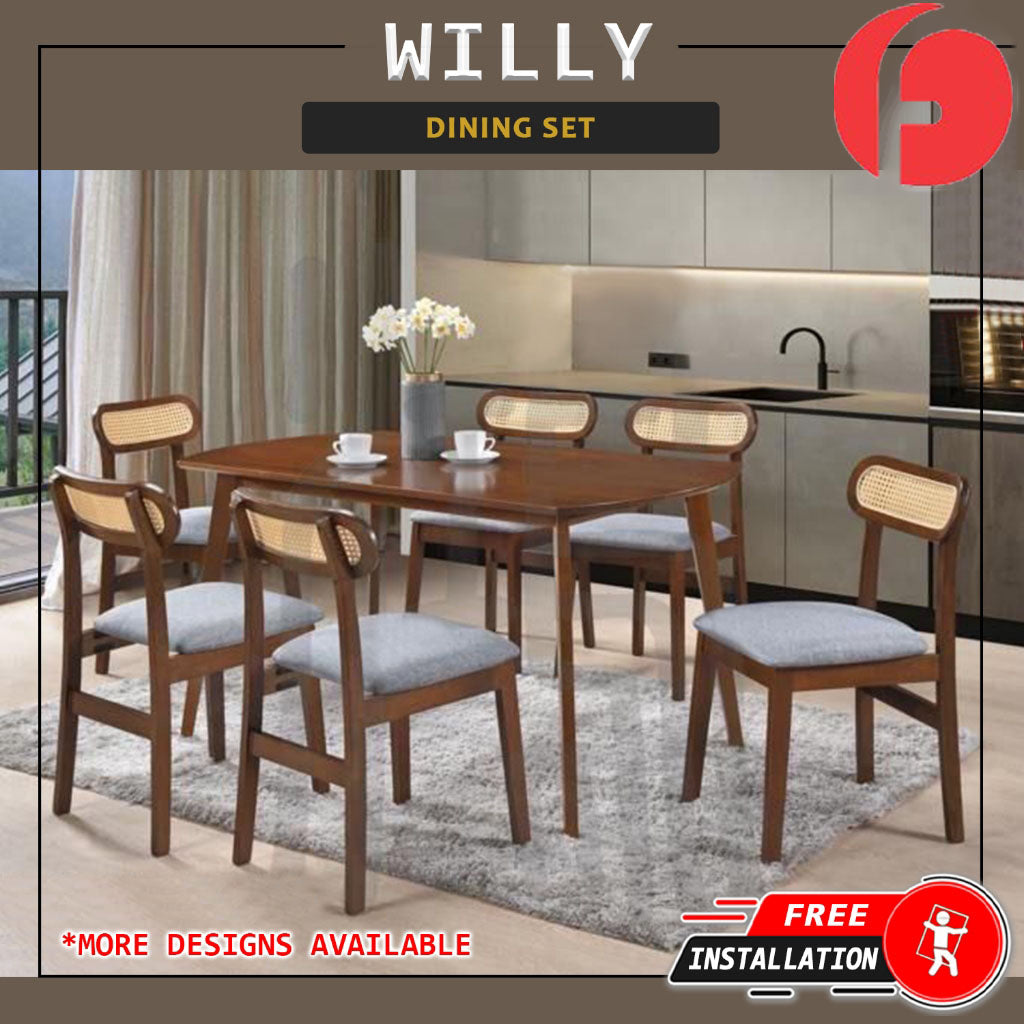 Willy 1+6 Dining Set w/ Table & Chair Solid Rubber Wood with Synthetic Rattan