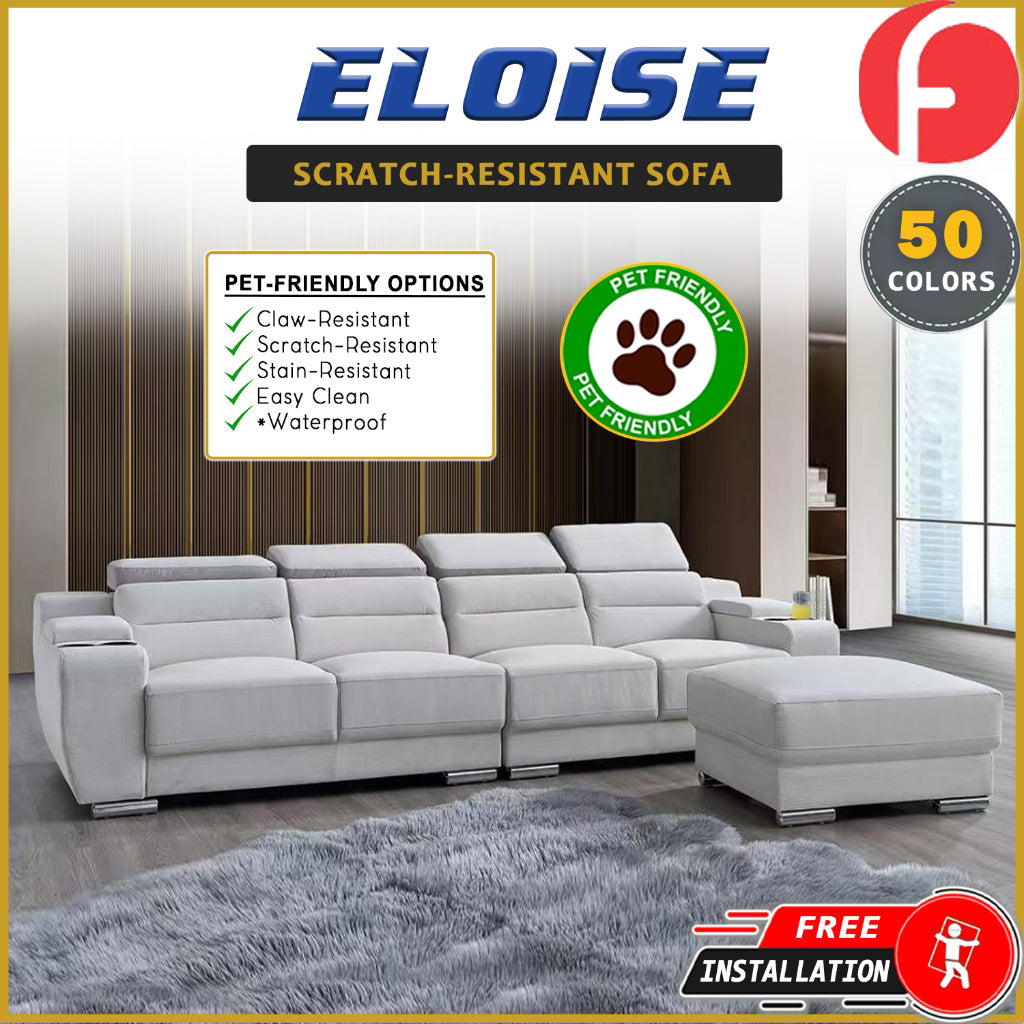 Eloise 4-Seater Sofa with Stool,  Storage & Cup Holder w/ Pet-Friendly Scratch-Resist