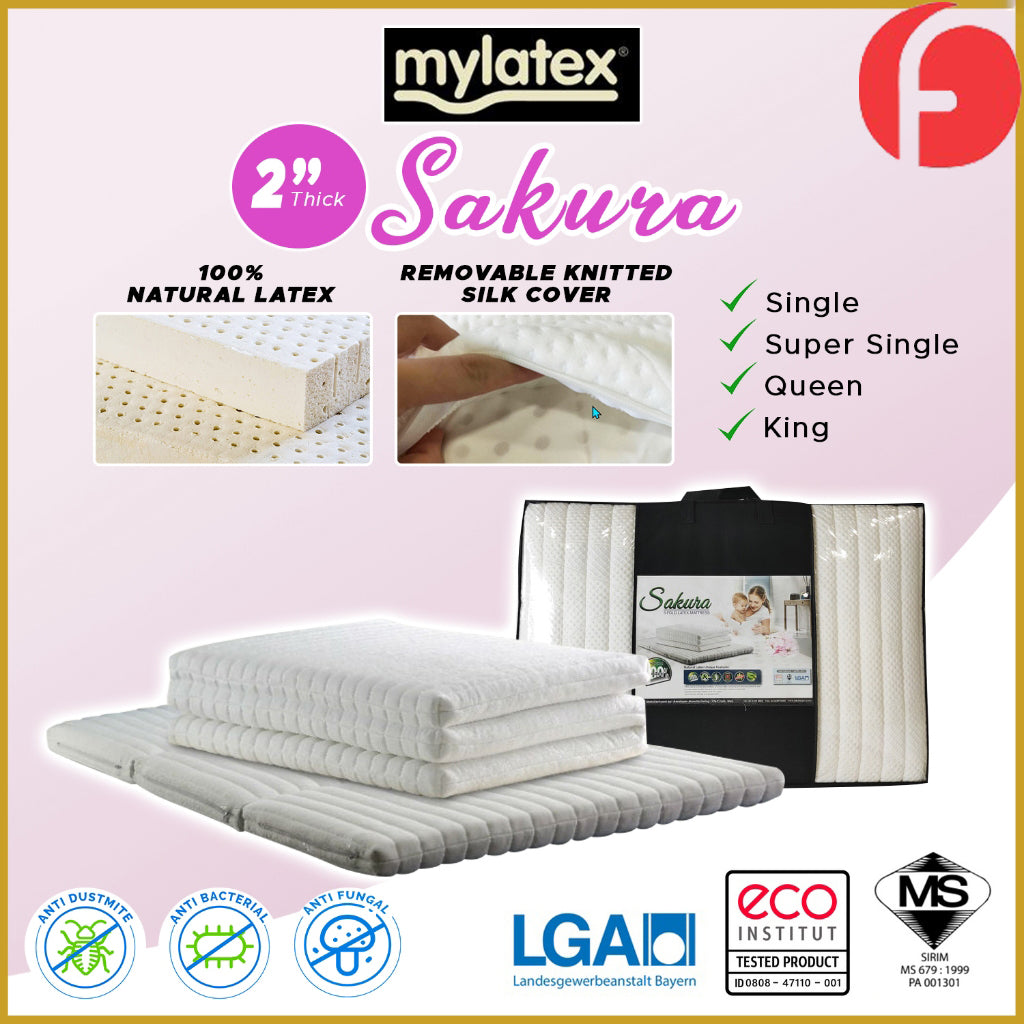 MyLatex SAKURA 2" Natural Latex Foldable Mattress Removable Silk Cover - All Sizes