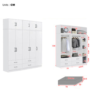 Cyprus Series 5 Door Tall Wardrobe with 4 Drawers and Top Cabinet in Full White Colour