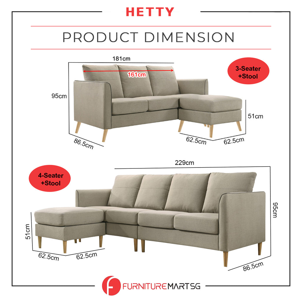 Hetty 3-Seater / 4-Seater Sofa with Stool in Pet-Friendly Fabric 16 Colours