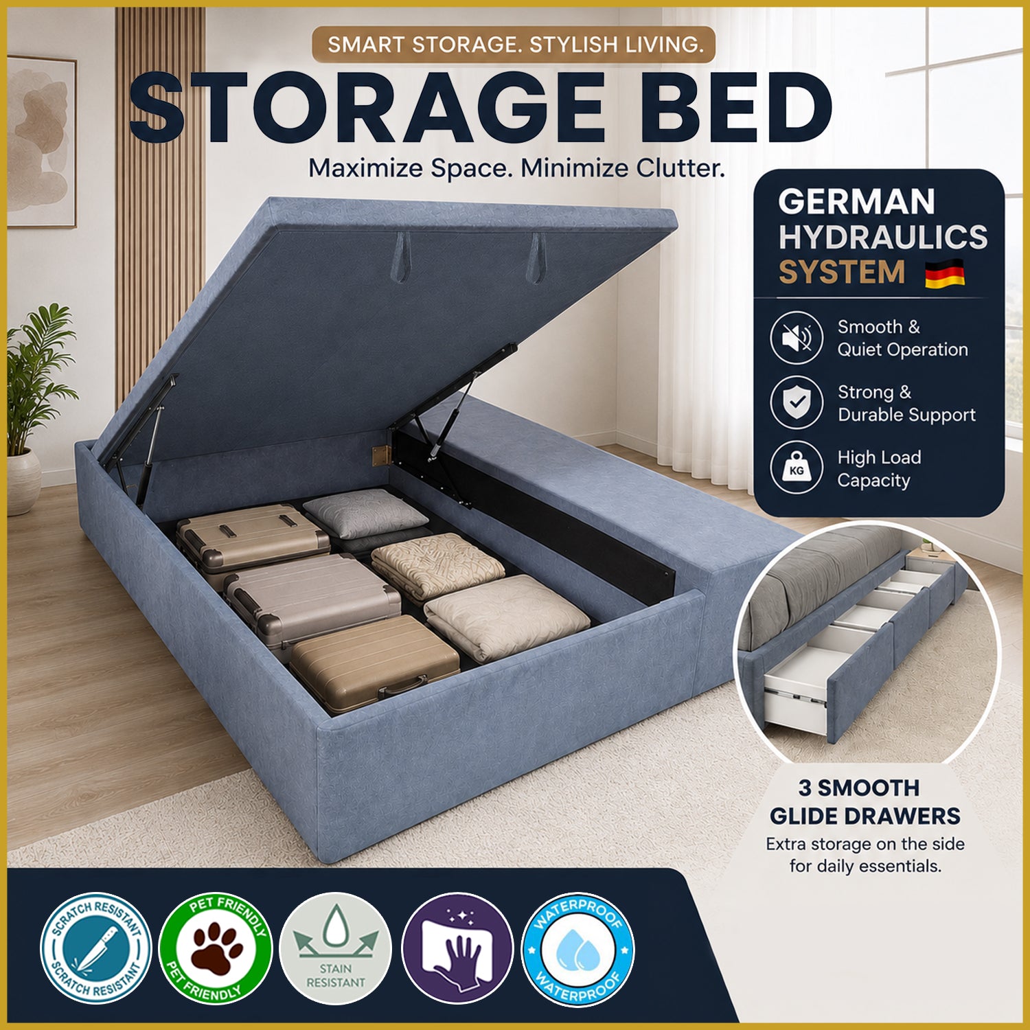 Dulce Side Drawer Storage Bed Frame PetFriendly Scratch Resistant Queen/King w/ Mattress
