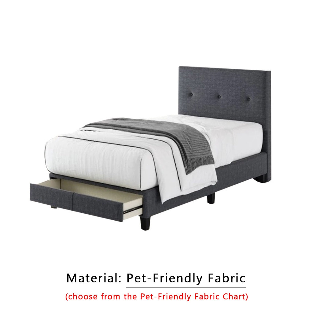 Taylor Twin Bed Frame with Drawer / Side Table  - PetFriendly Scratch-Resistant