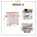 CAROL Mobile Kitchen Island/Storage Cabinet 2 Door with 4 Wheel Trolley Pantry White Color Solid Table Top