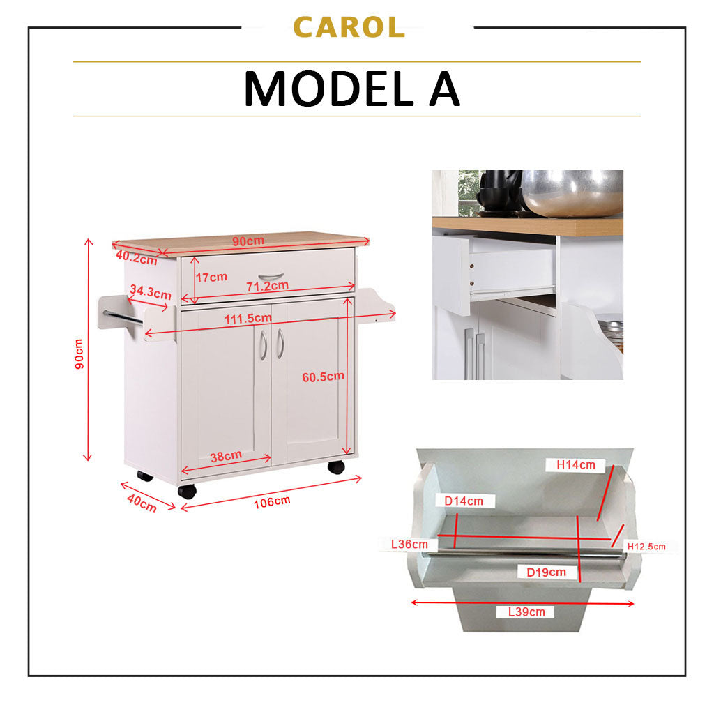 CAROL Mobile Kitchen Island/Storage Cabinet 2 Door with 4 Wheel Trolley Pantry White Color Solid Table Top