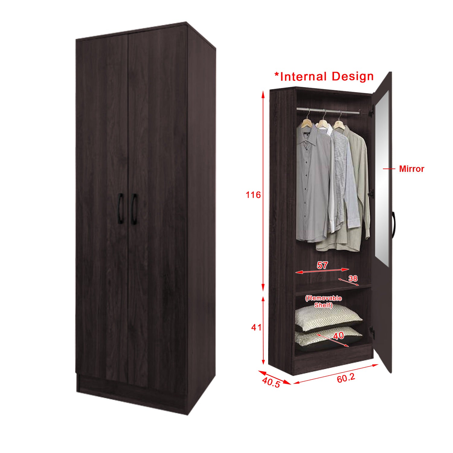 Munich Series 2-Door Soft Closing Wardrobe w/ Mirror Add-On in 2 Colours
