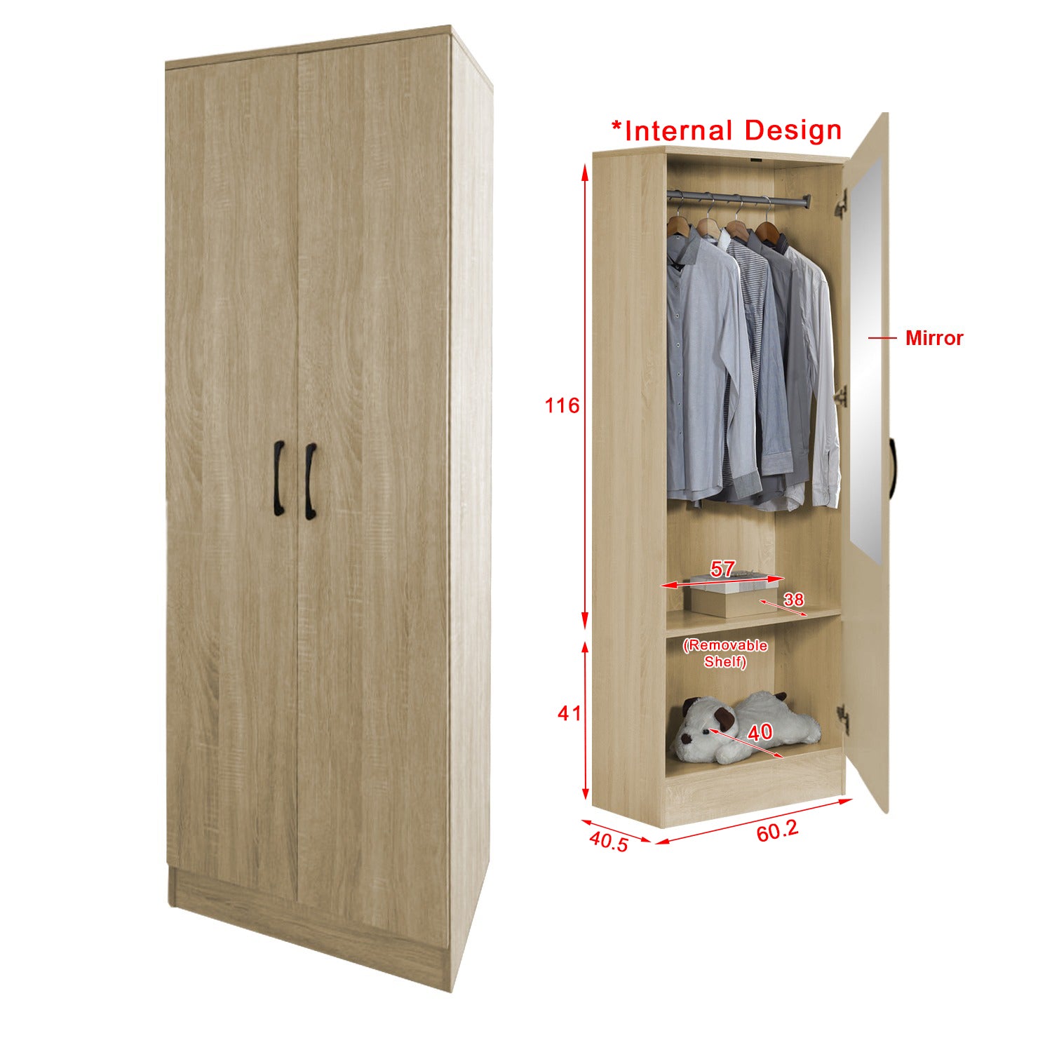 Munich Series 2-Door Soft Closing Wardrobe w/ Mirror Add-On in 2 Colours