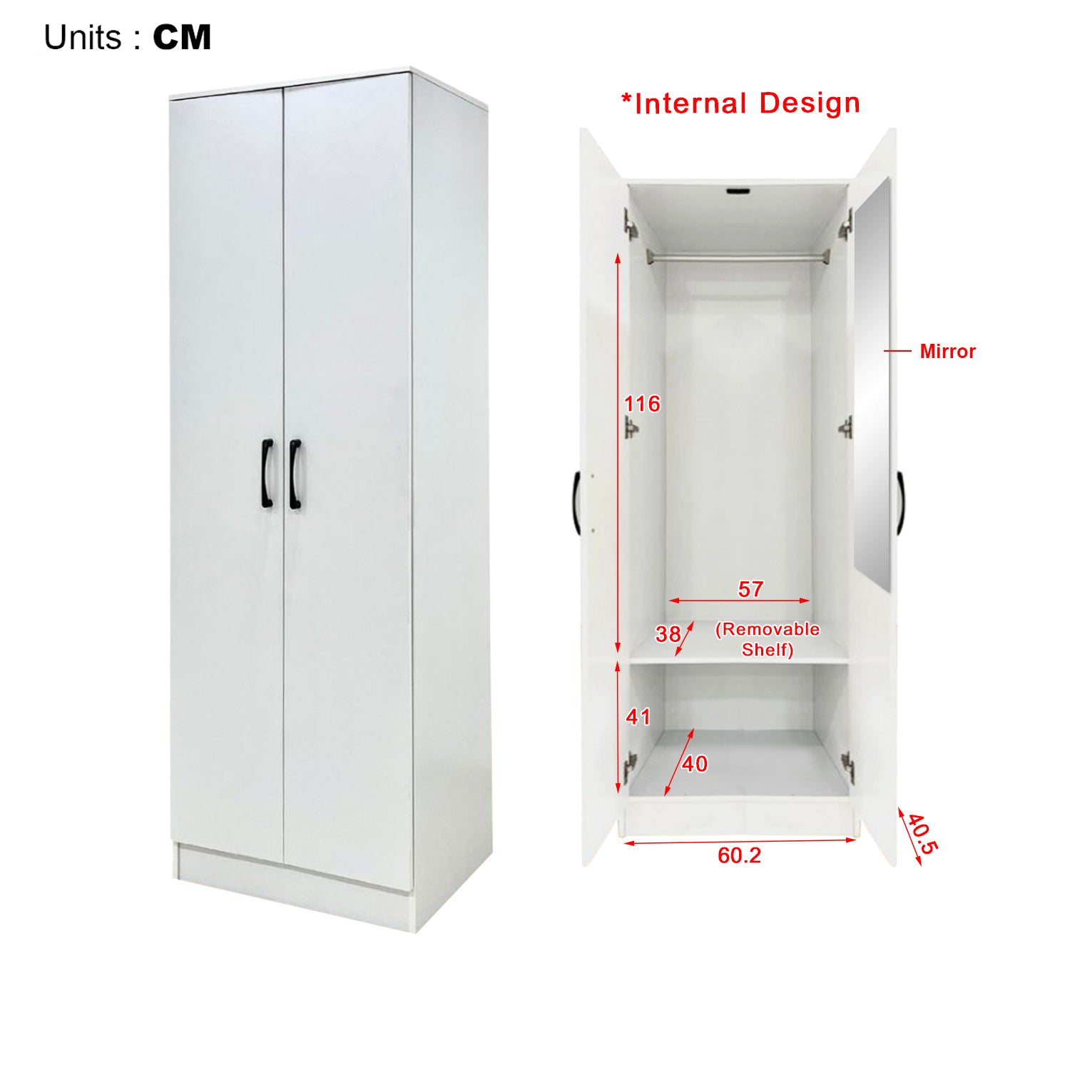 Munich Series 2-Door Soft Closing Wardrobe w/ Top Cabinet & Mirror Add-On in White
