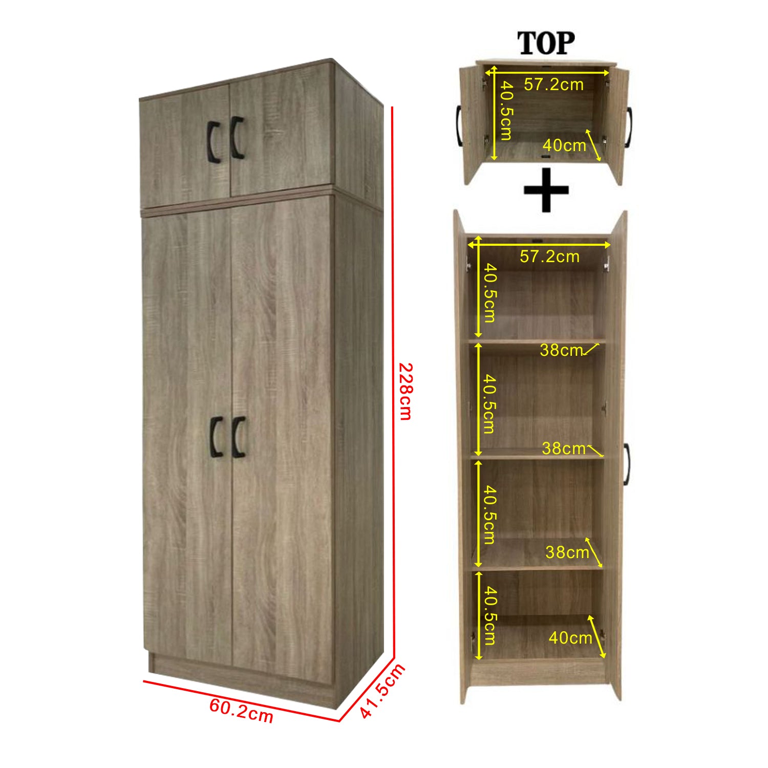 Munich Series 2-Door Shelf Wardrobe Soft Closing with TOP Cabinet Add On in 3 Colours