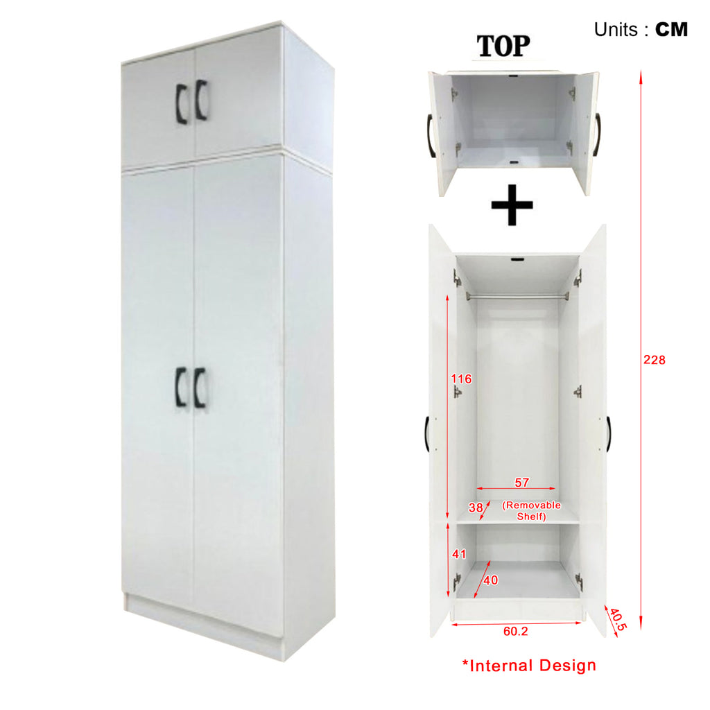 Munich Series 2-Door Soft Closing Wardrobe w/ Top Cabinet & Mirror Add-On in White