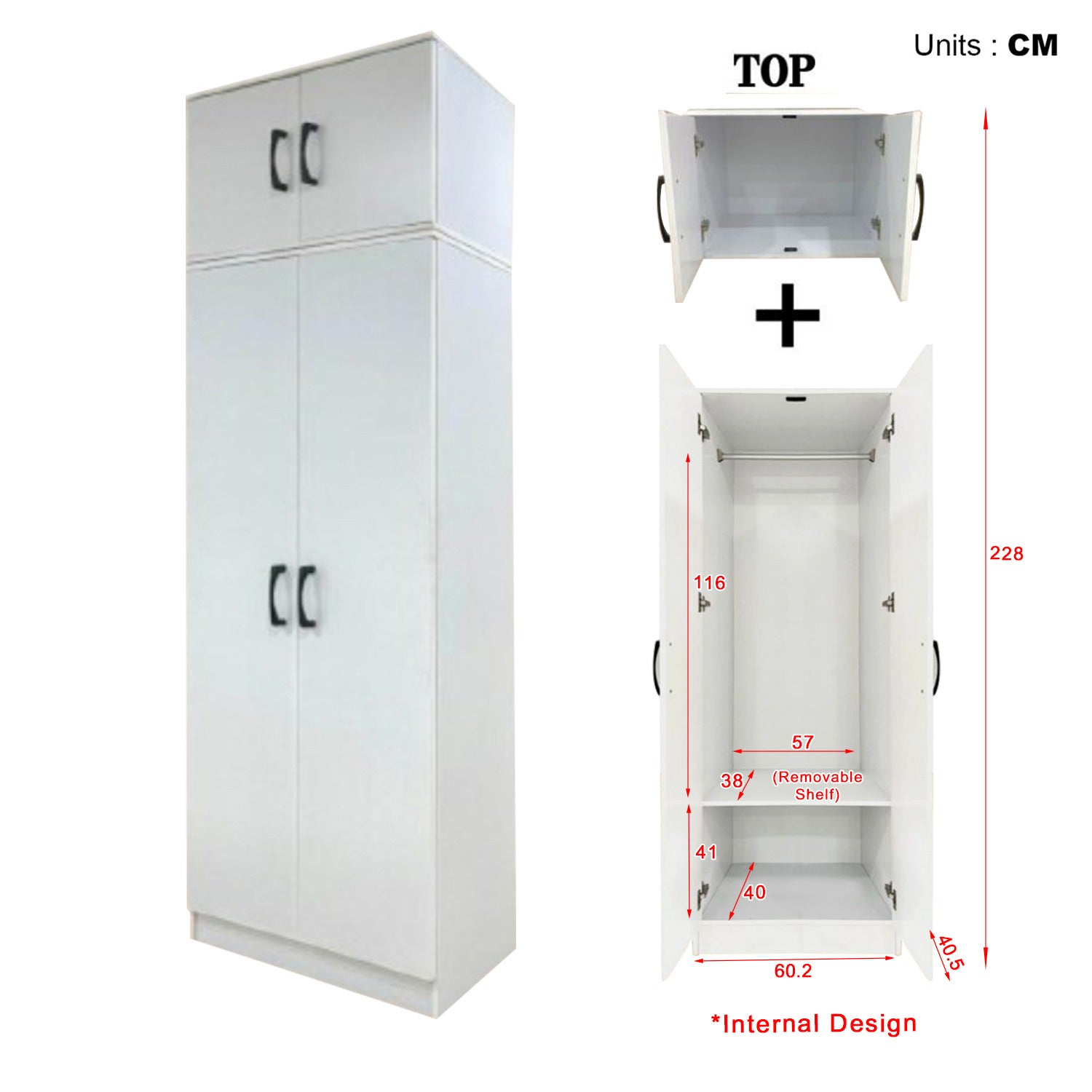 Munich Series 2-Door Soft Closing Wardrobe w/ Top Cabinet & Mirror Add-On in White