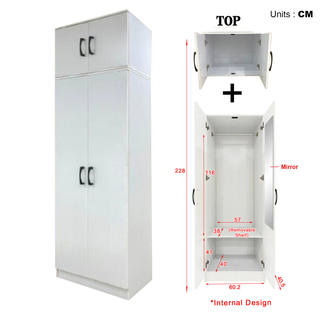 Munich Series 2-Door Soft Closing Wardrobe w/ Top Cabinet & Mirror Add-On in White