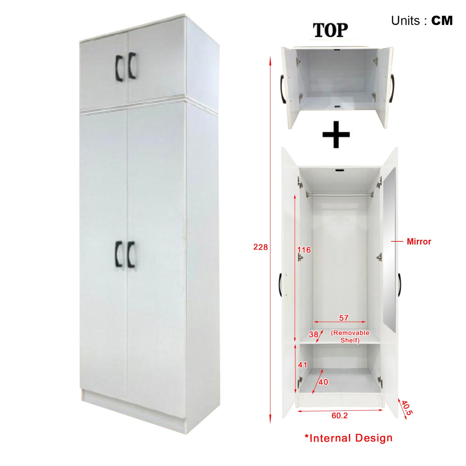 Munich Series 2-Door Soft Closing Wardrobe w/ Top Cabinet & Mirror Add-On in White