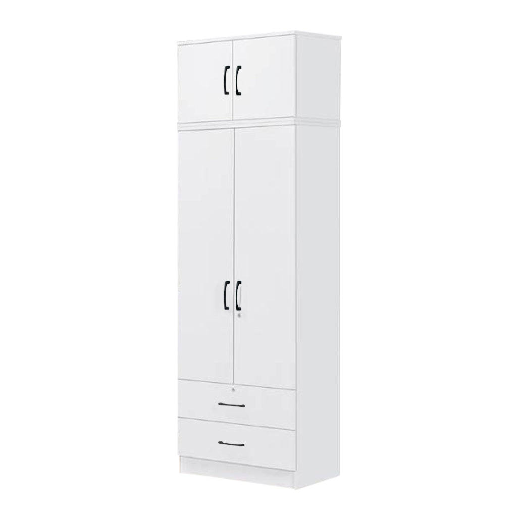 Cyprus Series 2 Door Wardrobe with Drawers and Top Cabinet in Full White Colour
