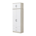 Poland Series 2 Door Wardrobe with Drawers and Top Cabinet in Ivory & White Colour