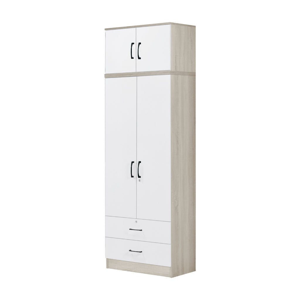 Poland Series 2 Door Wardrobe with Drawers and Top Cabinet in Ivory & White Colour
