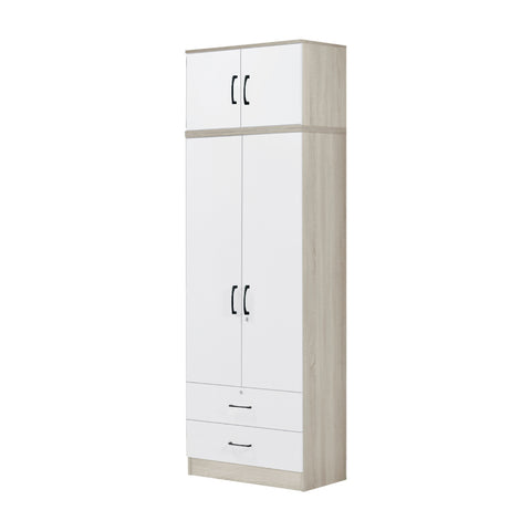 Image of Poland Series 2 Door Wardrobe with Drawers and Top Cabinet in Ivory & White Colour