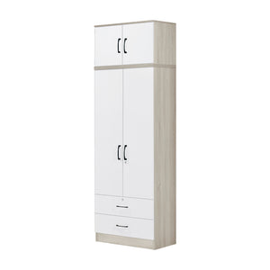 Poland Series 2 Door Wardrobe with Drawers and Top Cabinet in Ivory & White Colour