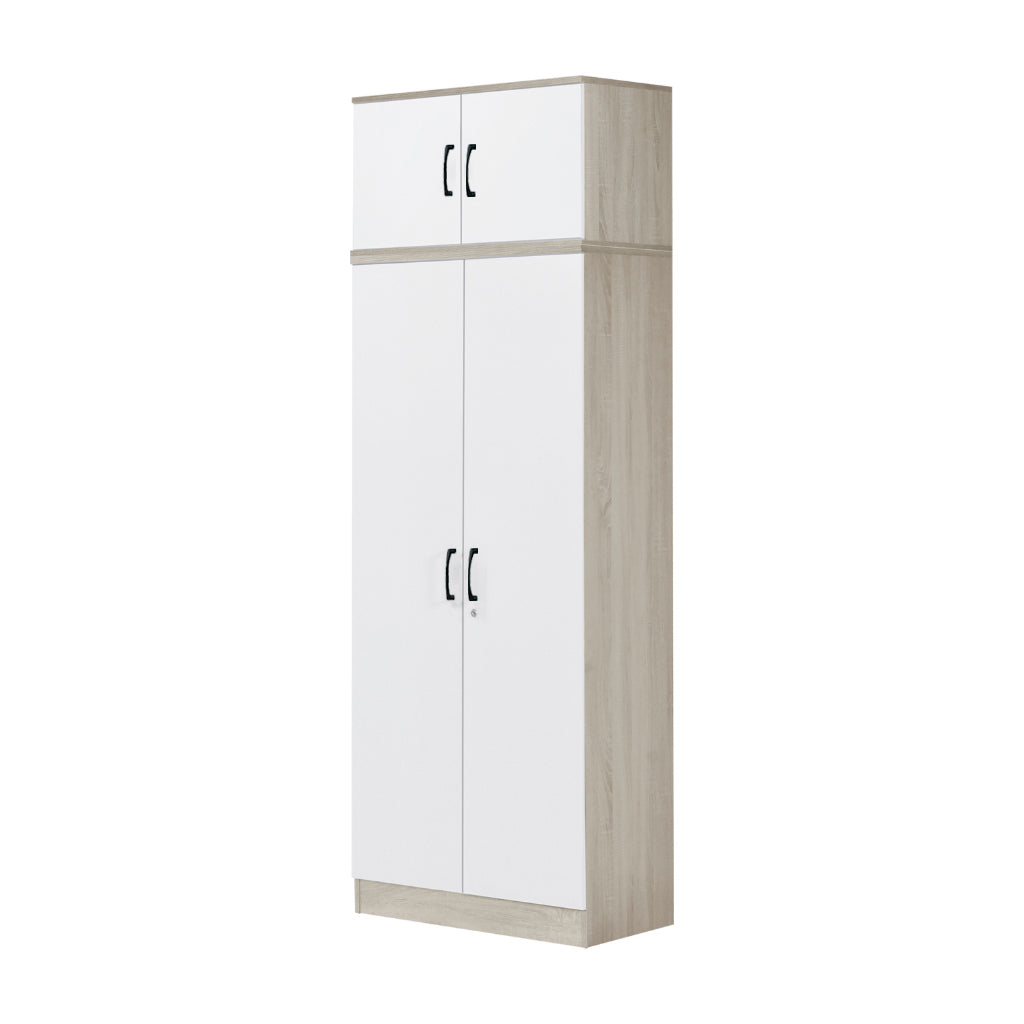 Poland Series 2 Door Tall Wardrobe with Top Cabinet in Ivory & White Colour