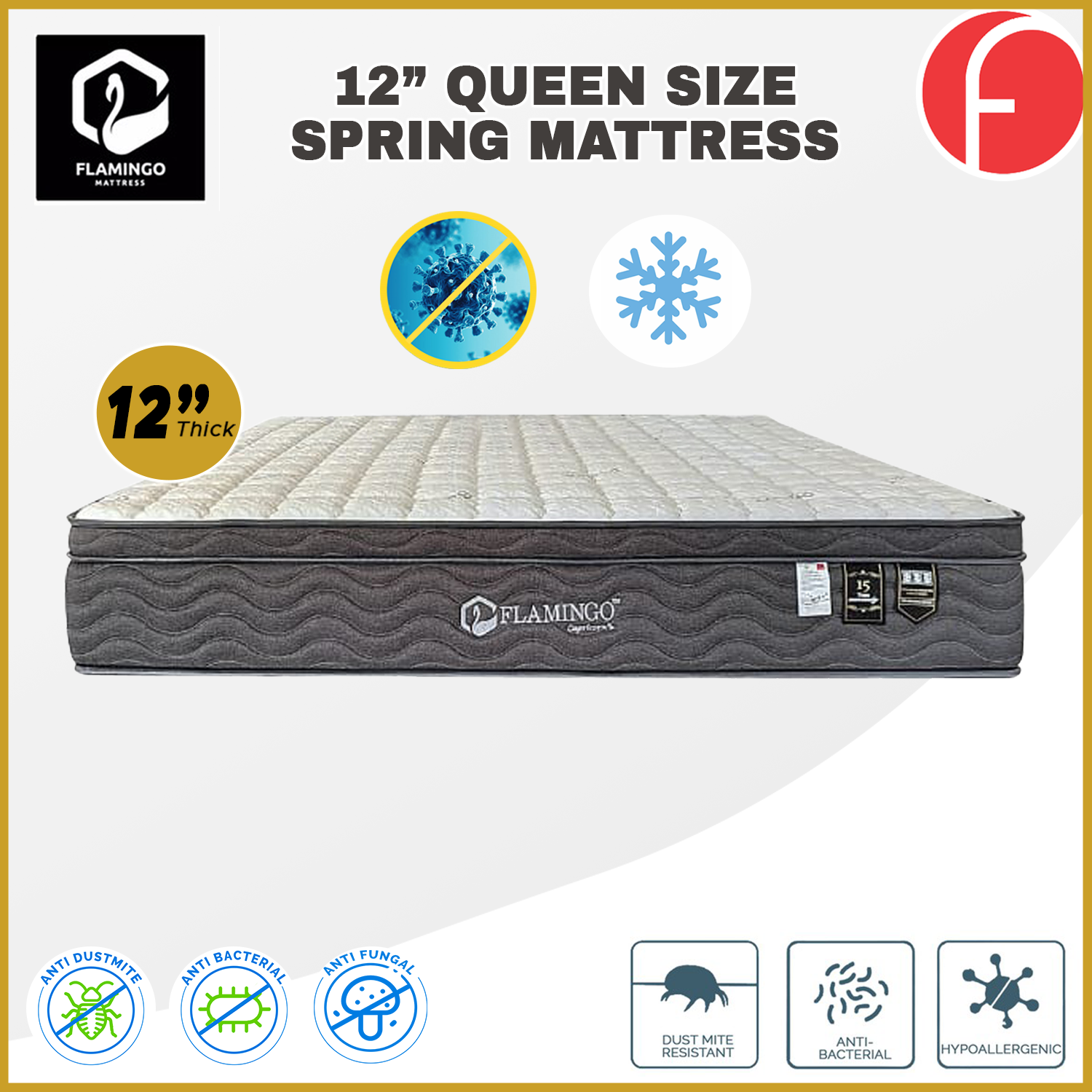 Flamingo 12" Queen Size Mattress HEIQ Anti-Bacteria Pocket Spring Mattress