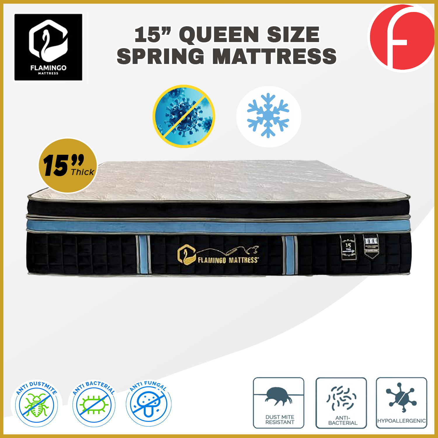 Flamingo 15" Queen Size Mattress HEIQ Anti-Bacteria Pocket Spring Mattress