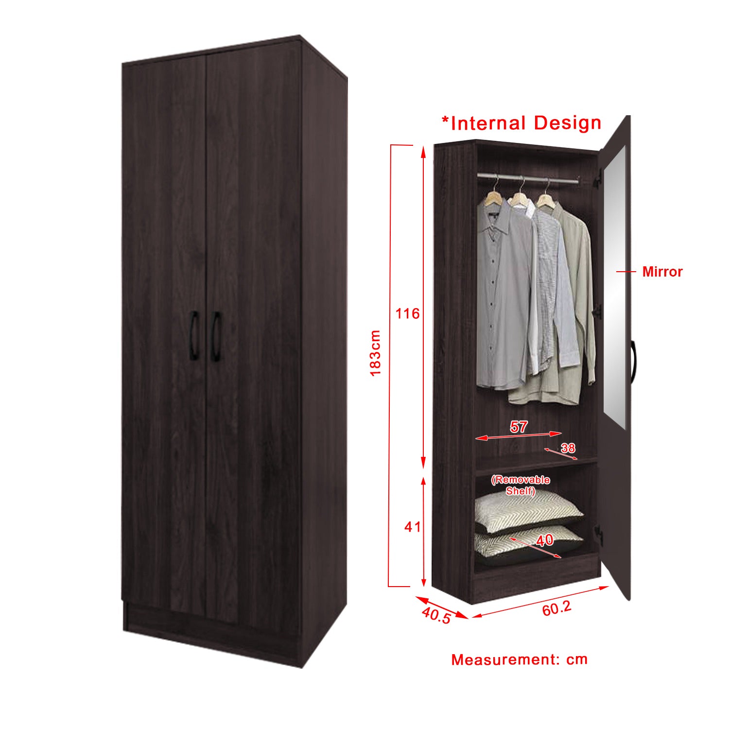 Munich Series 2-Door Soft Closing Wardrobe w/ Mirror Add-On in 2 Colours