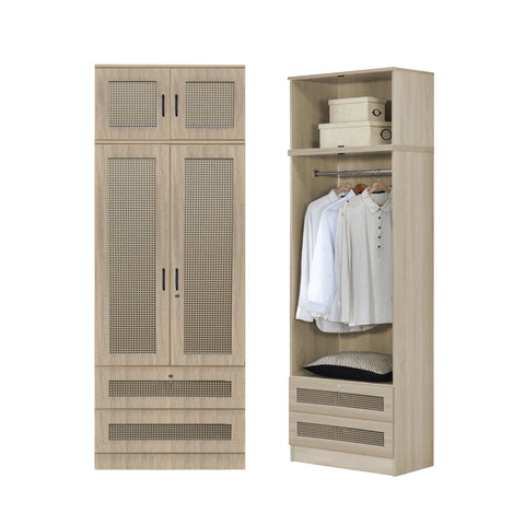 Image of CROATIA Series 1/2/3/4/5 Doors Wardrobe Rattan Design with Drawers and Top Cabinet