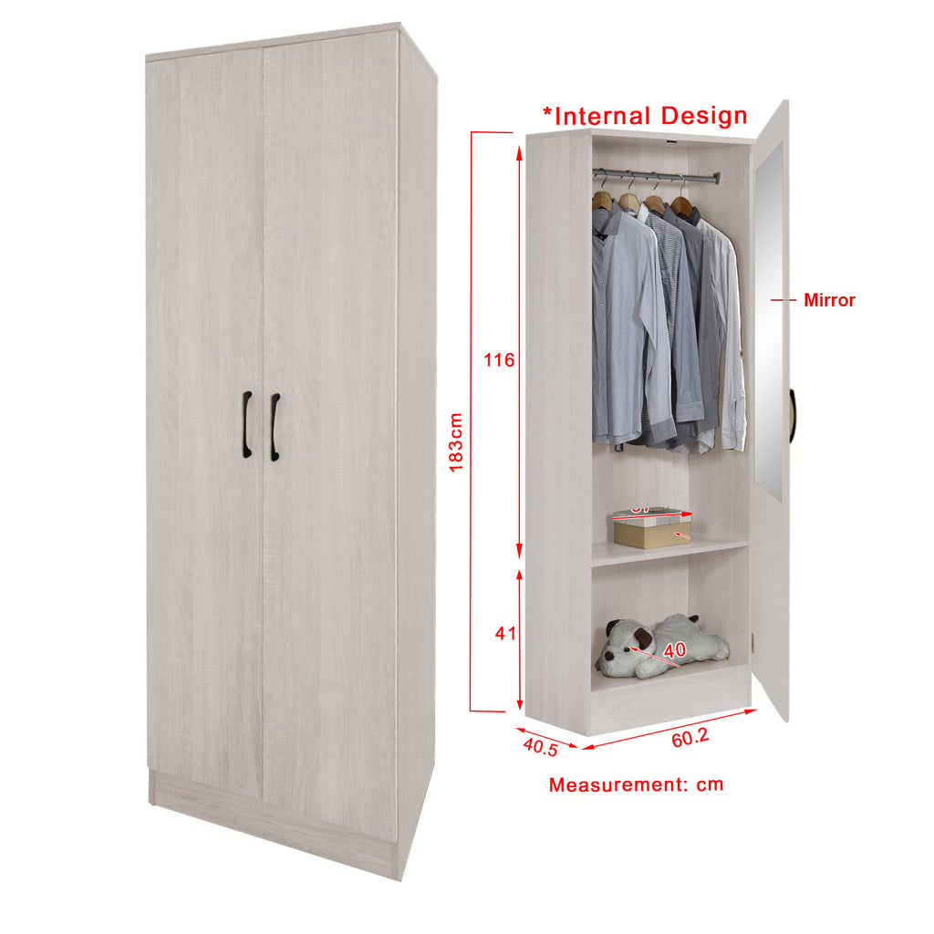 Munich Series 2-Door Soft Closing Wardrobe w/ Mirror Add-On in 3 Colours