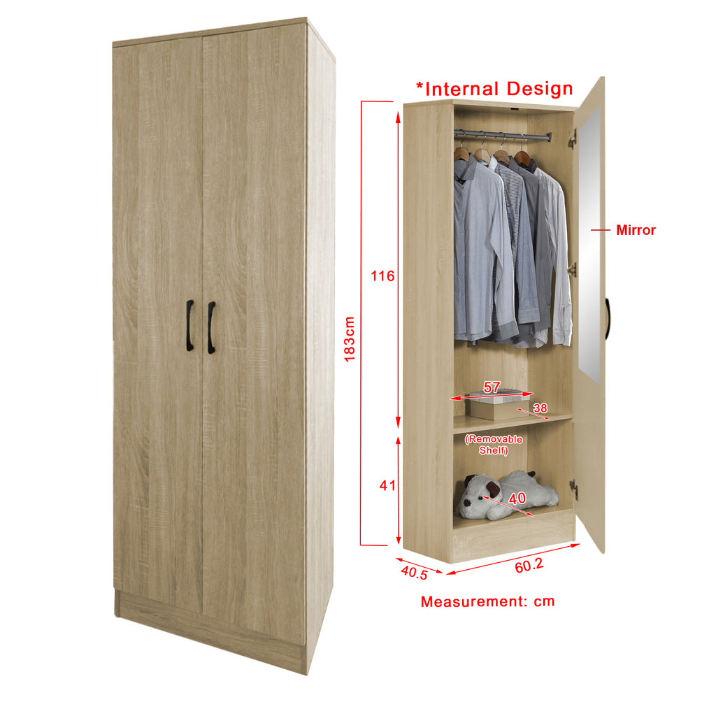 Munich Series 2-Door Soft Closing Wardrobe w/ Mirror Add-On in 2 Colours